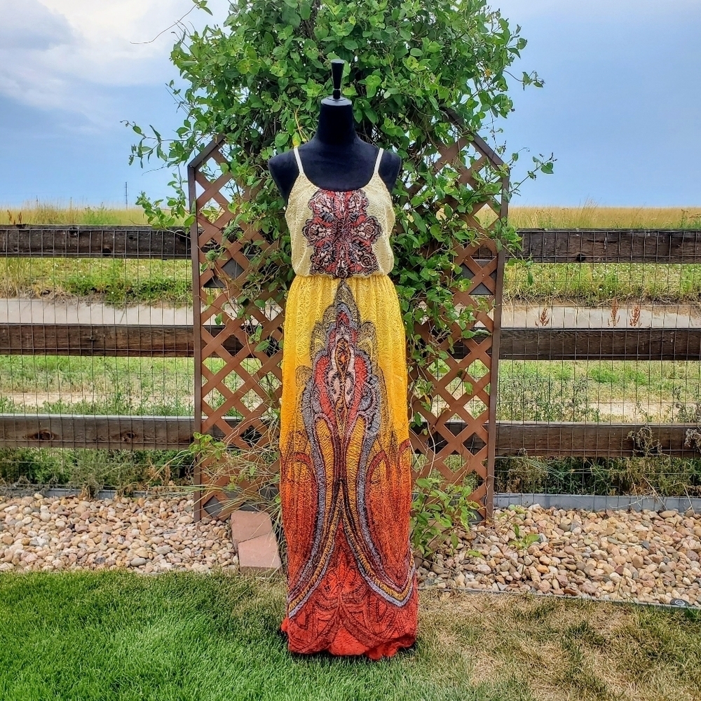 Stilettos Ombre Orange & Yellow Patterned Maxi Lace Women's Dress Size Large EUC